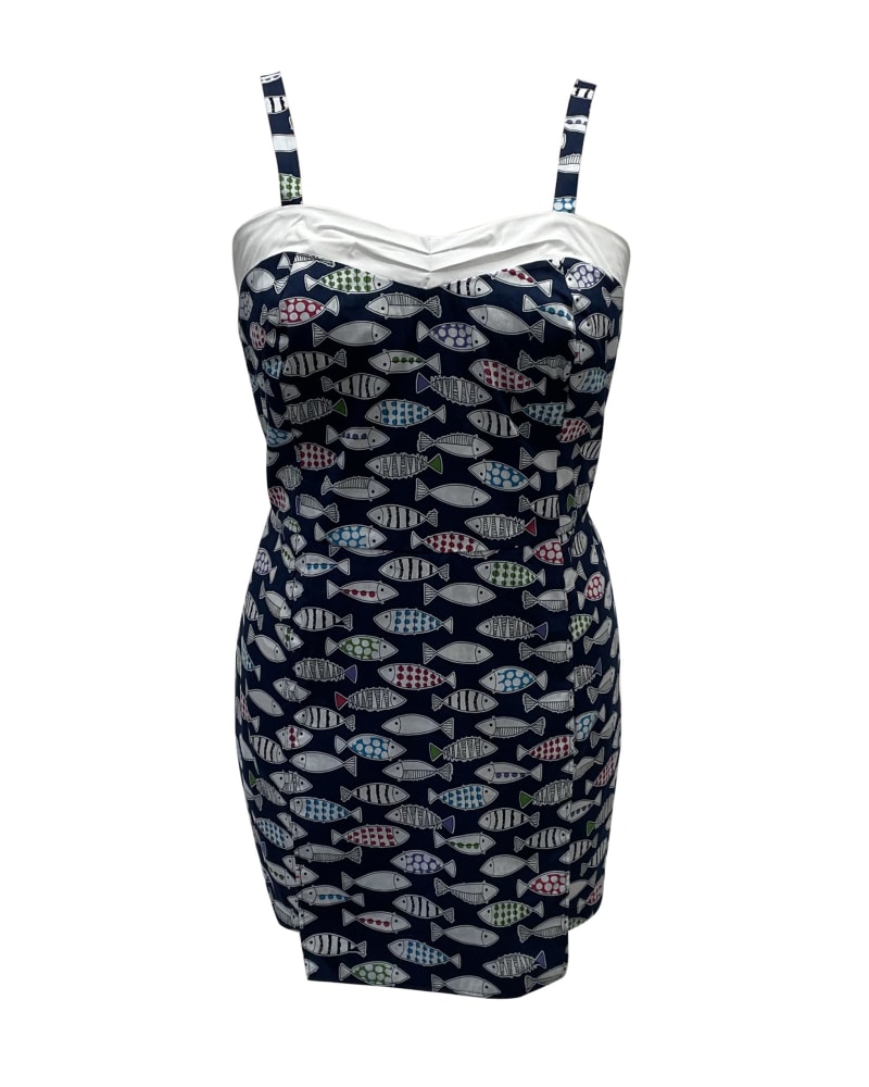 Front of a size 5X Unique Vintage Navy Fish Print Dolly Romper in Navy by Unique Vintage. | dia_product_style_image_id:294826